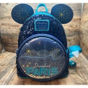 Loungefly Disneyland Paris Mickey Minnie Blue Sequin Mini Backpack Bonjour! NWT
